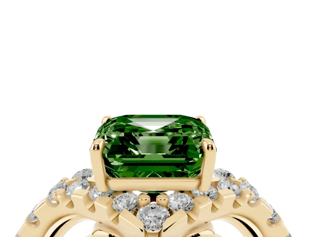 Fancy Green Asscher Cut Diamond Solitaire Ring with Hidden Halo and Pavé Band Yellow gold