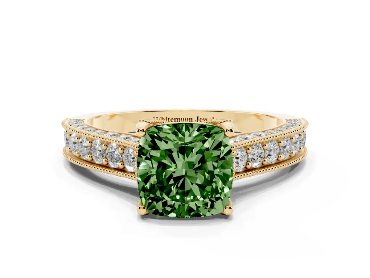 Fancy Green Cushion Cut Cut Diamond Solitaire Ring with Milgrain Pave Band and Four Prong Setting Yellow gold