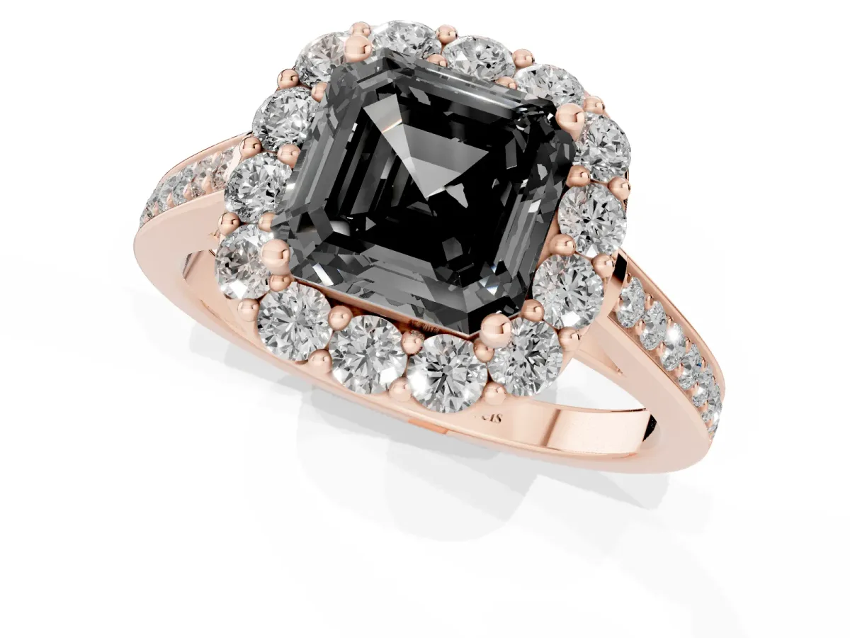 Fancy Black Asscher Cut Diamond Floral Halo Ring with Pavé Band and Prong Setting Rose gold
