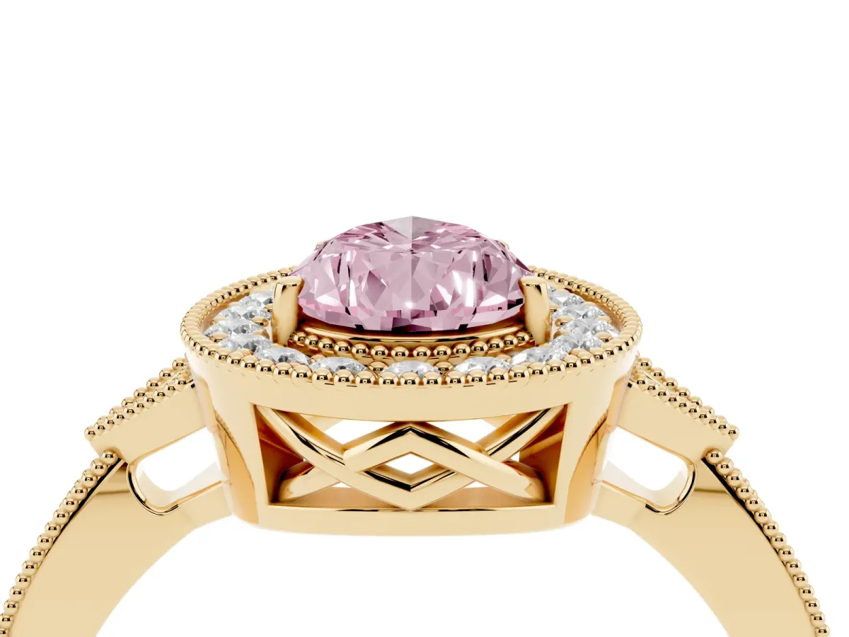 Fancy Pink Pear Cut Halo Round Diamond Milgrain Pave Engagement Ring Yellow gold