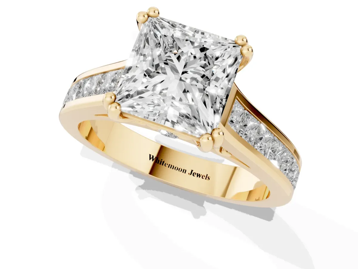 Princess Cut Cut Channel Set Solitaire Engagement Ring with Prong Setting Yellow gold