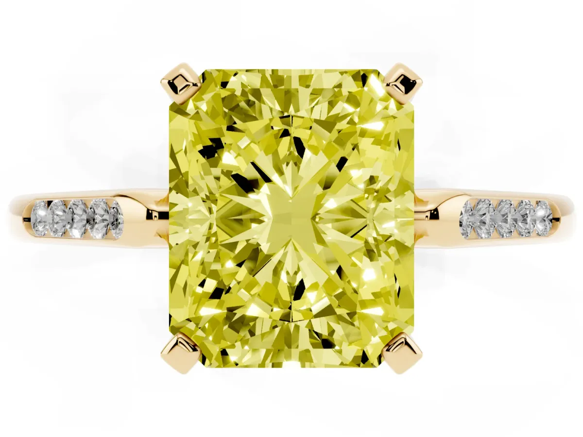 Fancy Yellow Radiant Cut Diamond Solitaire Ring with Channel Set Round Band and Prong Setting Yellow gold