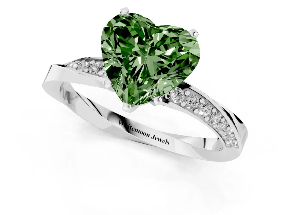 Fancy Green Heart Cut Diamond Engagement Ring with Side Stone Accents and Four-Prong Setting Silver