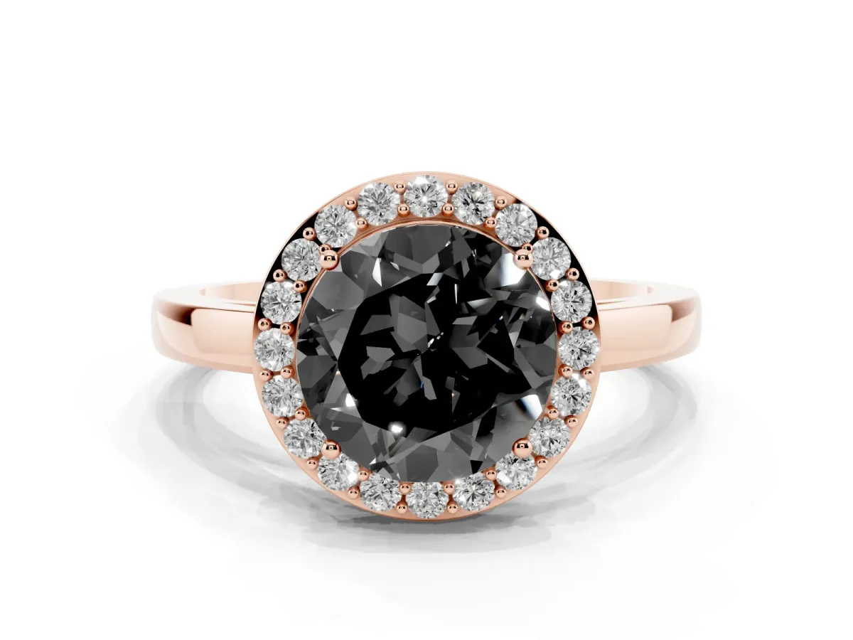 Fancy Black Round Cut Halo Diamond Ring with Solitaire Band and Prong Setting Rose gold