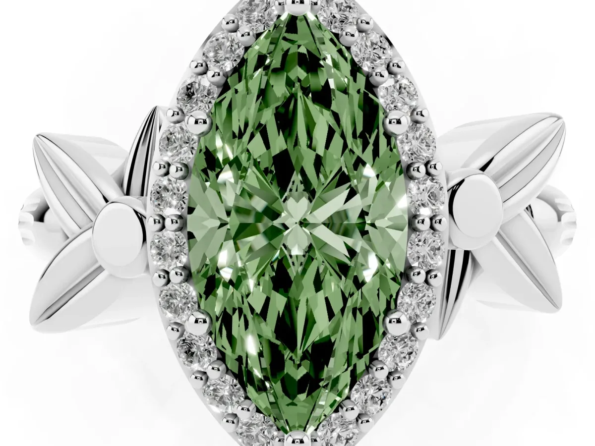 Fancy Green Marquise Cut Halo Diamond Floral Band with Four-Prong Setting White gold