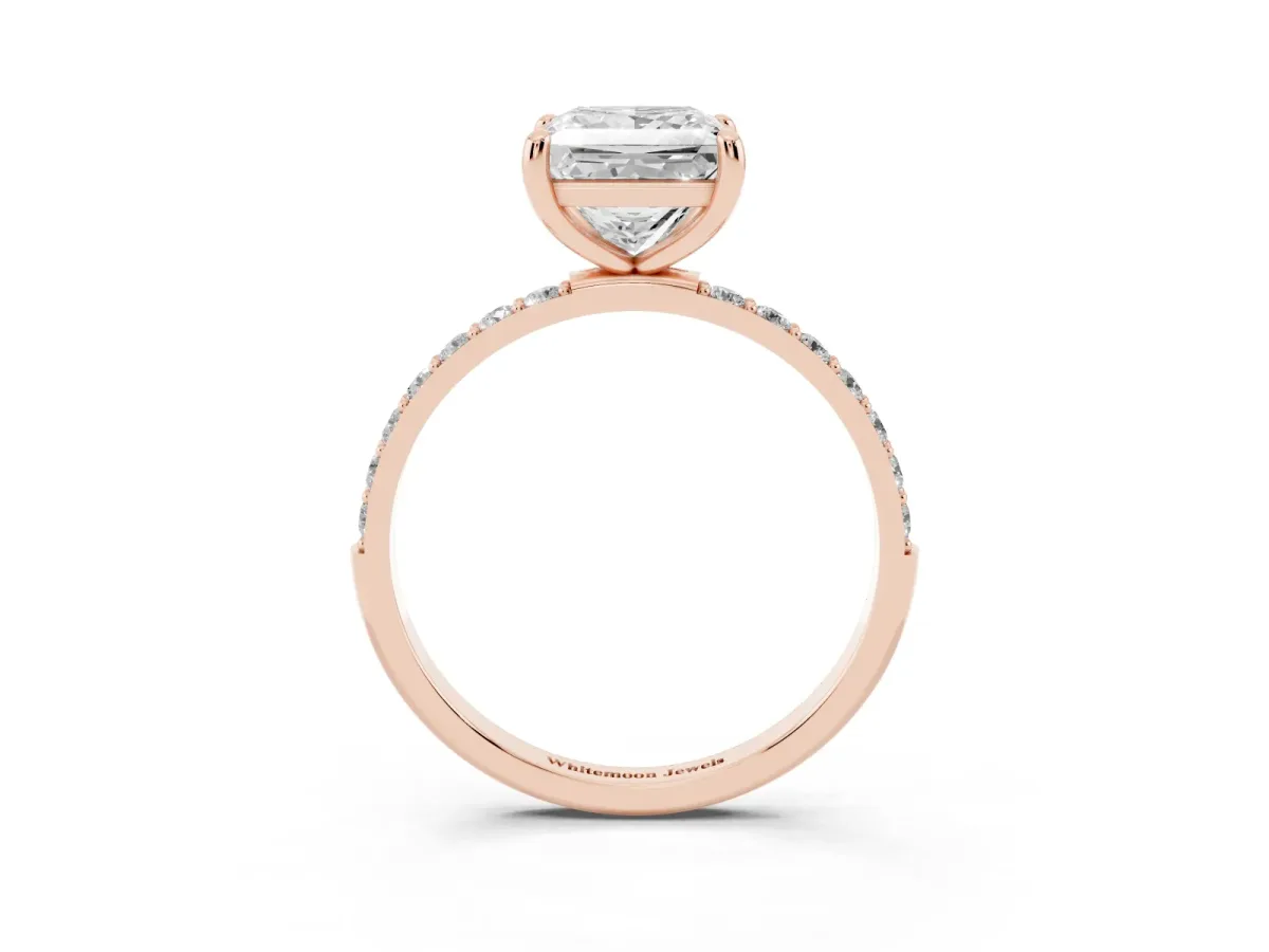 Princess Cut Diamond Solitaire Ring with Round Pavé Band and Prong Setting Rose gold