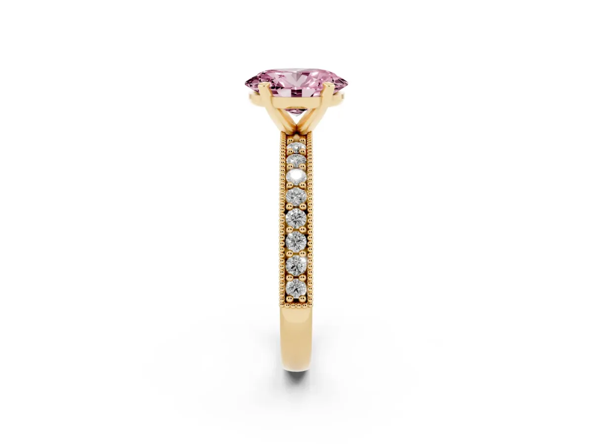 Fancy Pink Oval Cut Diamond Milgrain Pavé Engagement Ring with Four-Prong Setting Yellow gold