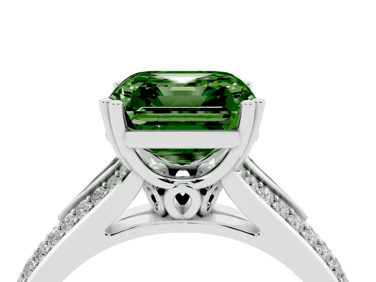 Fancy Green Asscher Cut Diamond Split Shank Engagement Ring with Pavé Band Silver