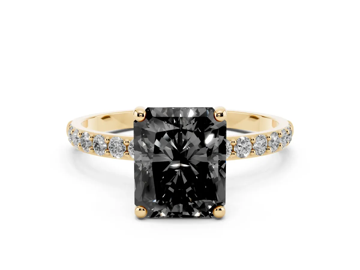 Fancy Black Radiant Cut Diamond Solitaire Ring with Round Pavé Band and Prong Setting Yellow gold