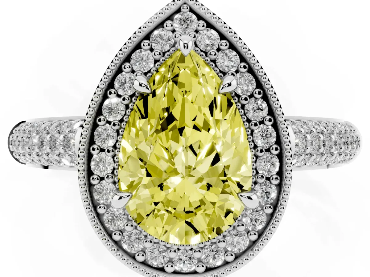 Fancy Yellow Pear Cut Cut Halo Diamond Pave Band with Four-Prong Setting Platinum