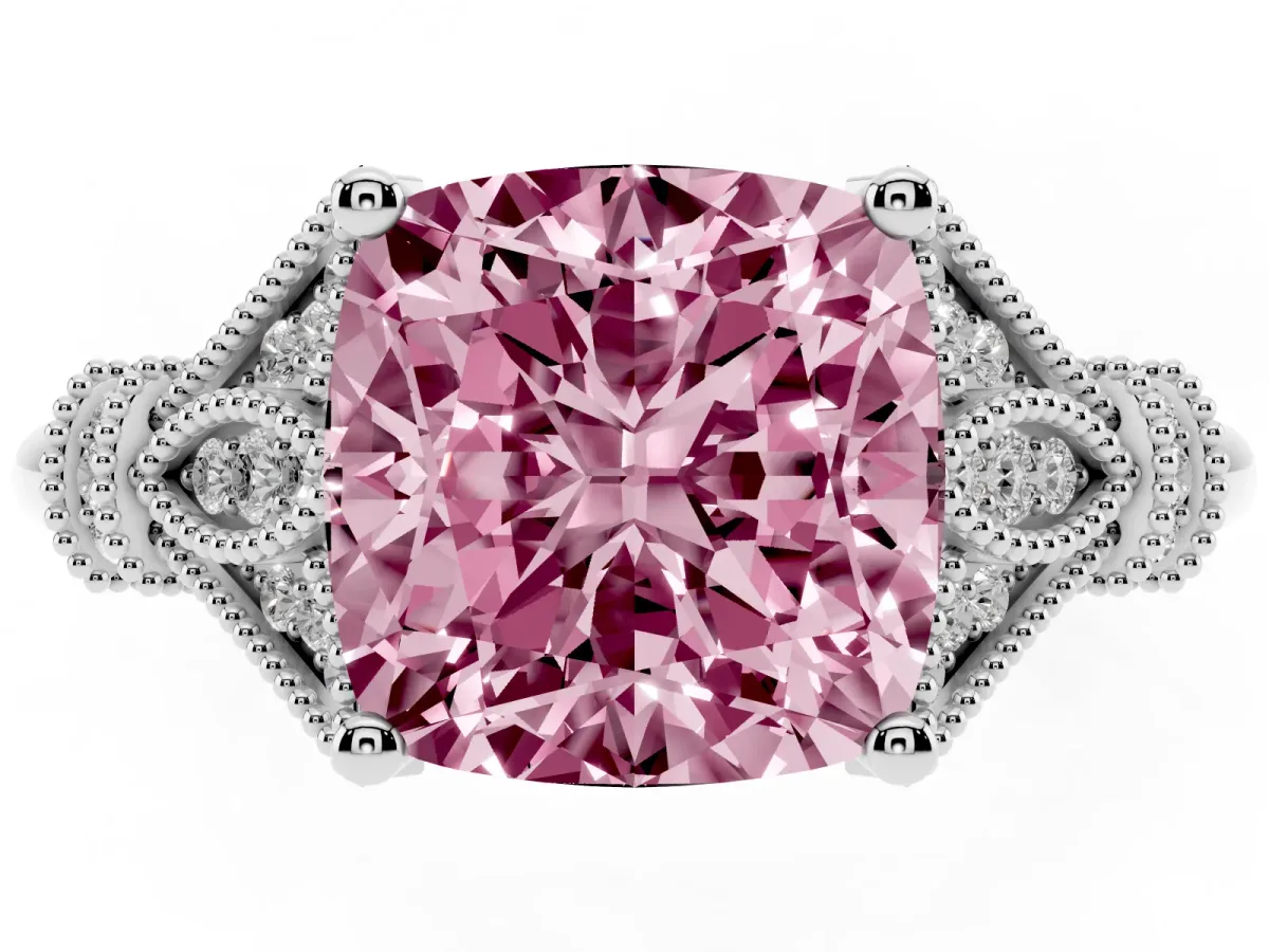 Fancy Pink Cushion Cut Diamond Solitaire Ring with Floral Filigree and Pave Accents Platinum
