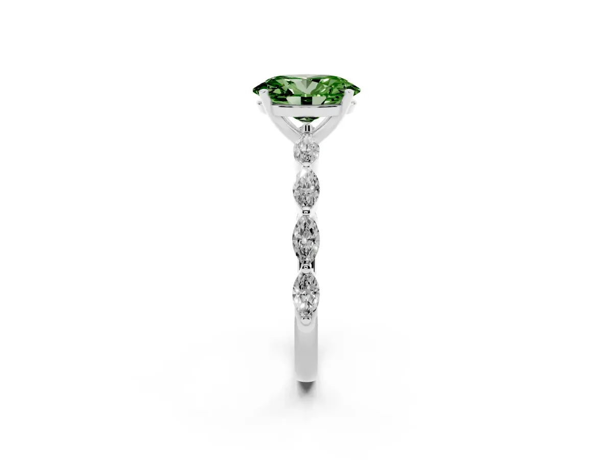 Fancy Green Oval Cut Diamond Ring with Marquise Side Stones and Prong Setting Platinum