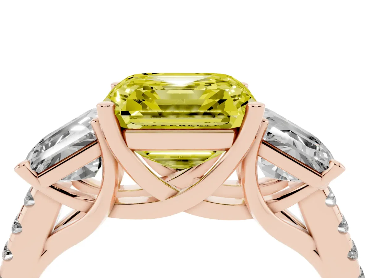 Fancy Yellow Three-Stone Asscher Cut Diamond Ring with Round Pavé Band and Prong Setting Rose gold