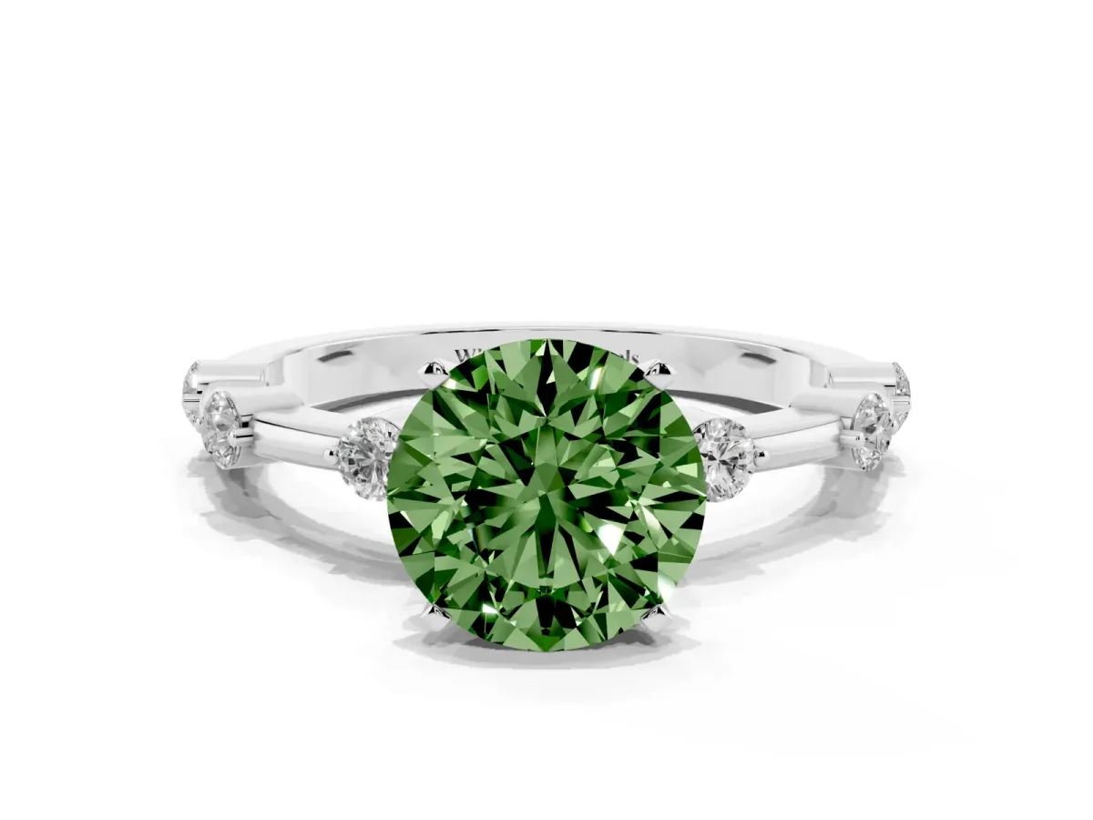 Fancy Green Round Cut Solitaire Diamond Ring with Bezel Set Side Stones and Prong Setting Silver