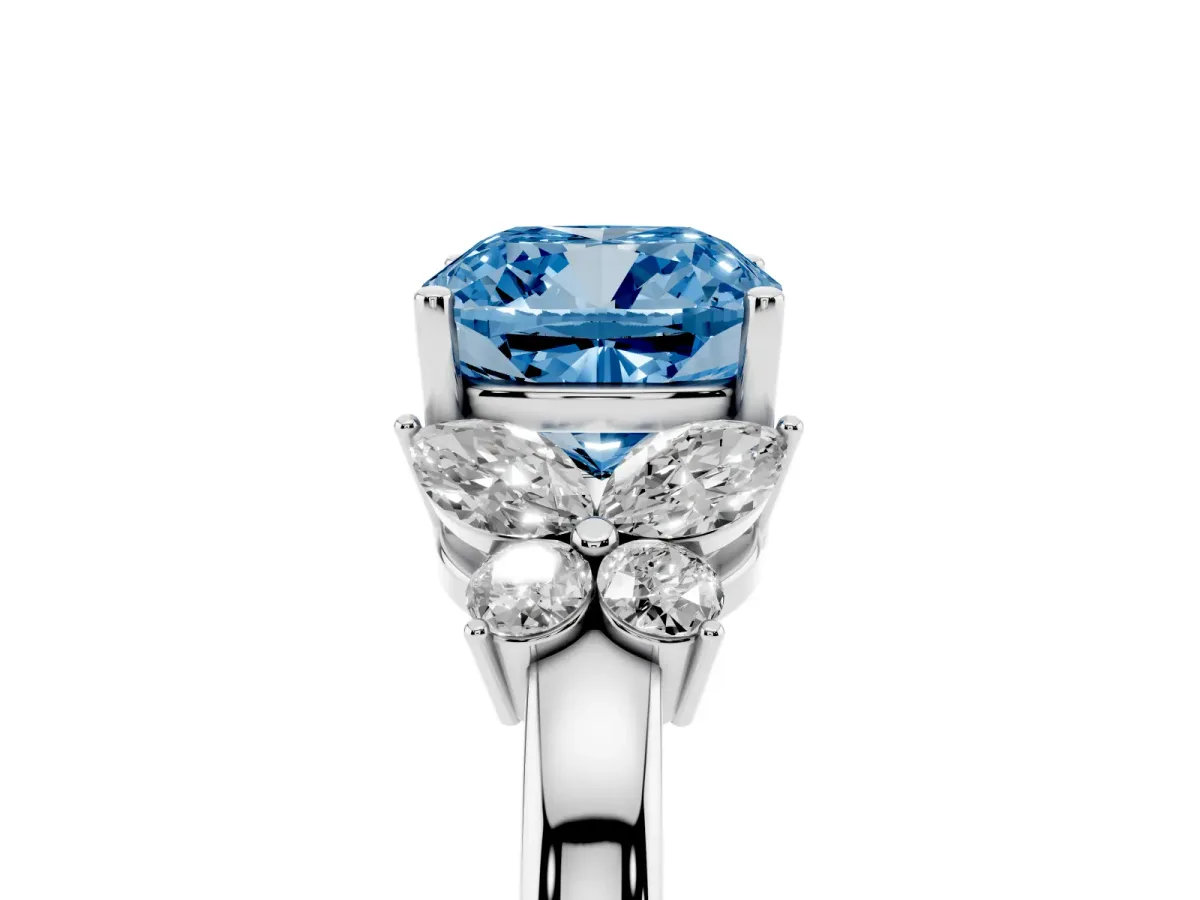 Fancy Blue Cushion Cut Cut Solitaire Floral Diamond Ring with Four-Prong Setting Silver