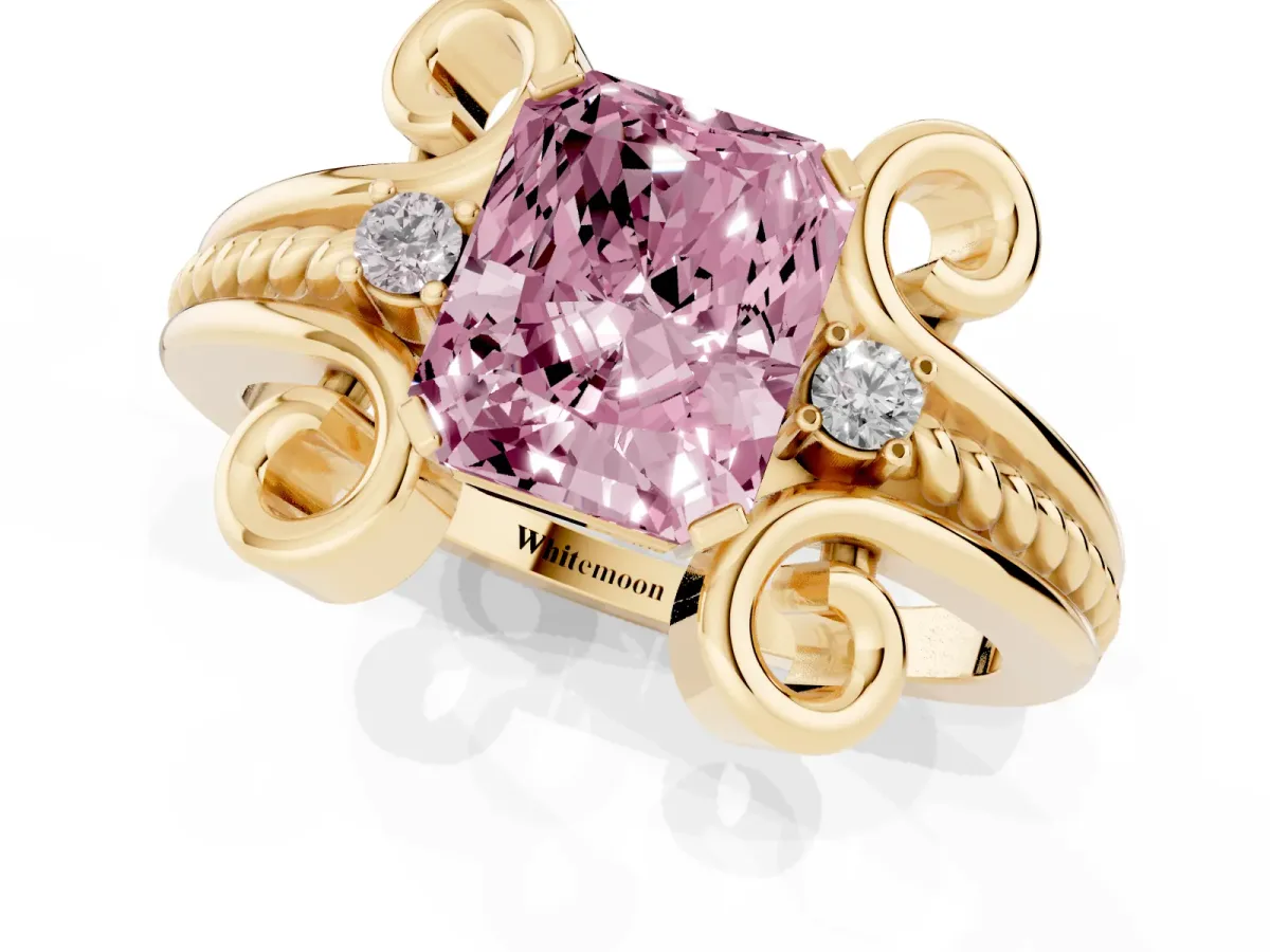 Fancy Pink Radiant Cut Solitaire Twisted Band Scroll Prong Ring Yellow gold