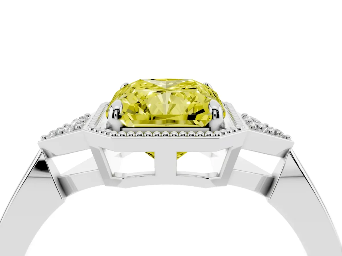 Fancy Yellow Hexagonal Halo Radiant Cut Diamond Solitaire with Pavé Band and Four-Prong Setting White gold