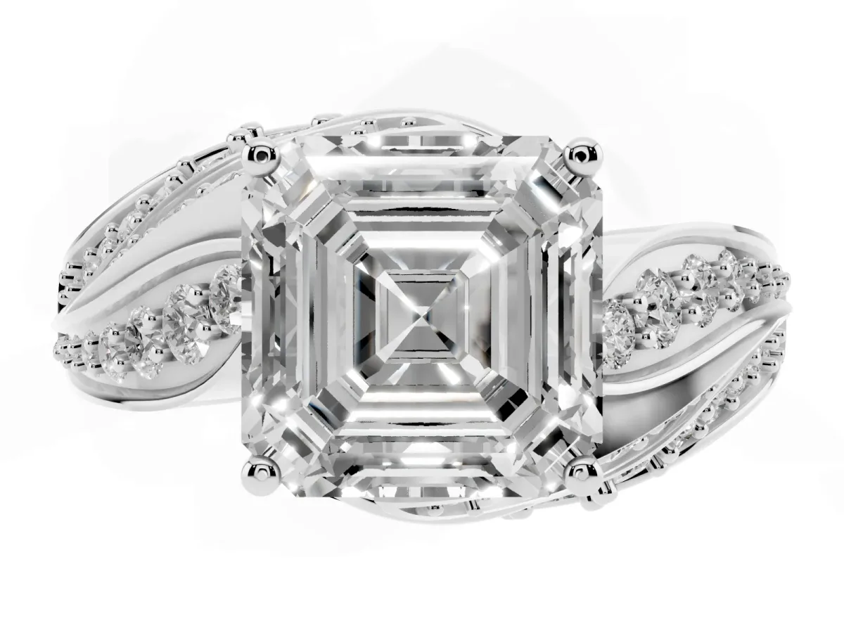 Asscher Cut Diamond Solitaire Ring with Prong Setting and Twisted Pavé Band Silver