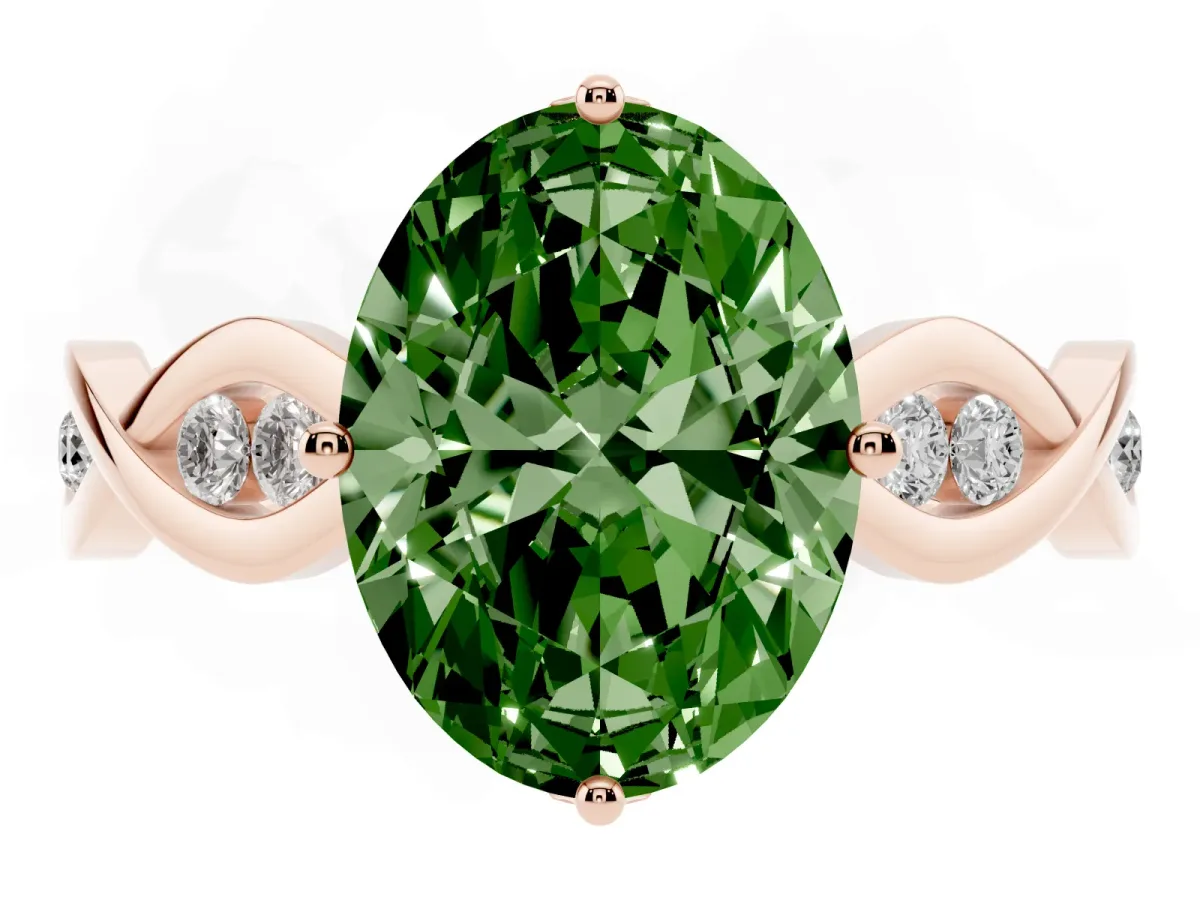 Fancy Green Oval Cut Solitaire Twist Band with Leaf Prong Setting Rose gold