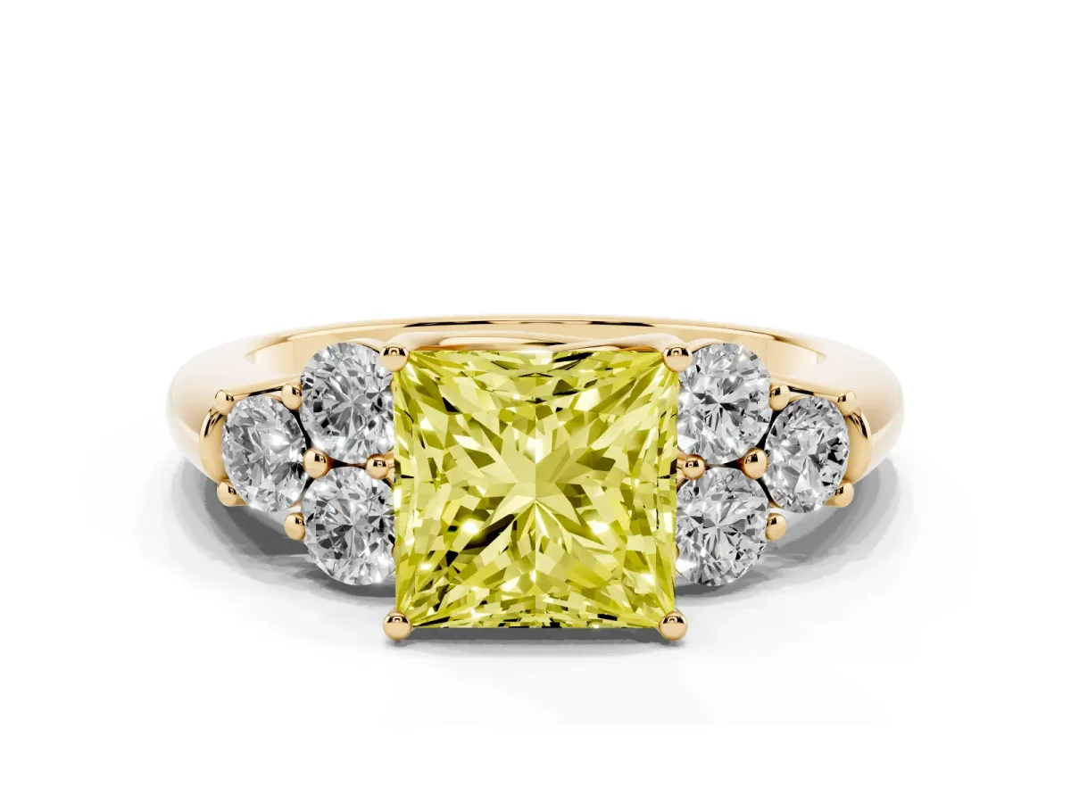 Fancy Yellow Princess Cut Cut Diamond Cluster Ring with Round Accent Stones and Prong Setting on a Classic Band Yellow gold