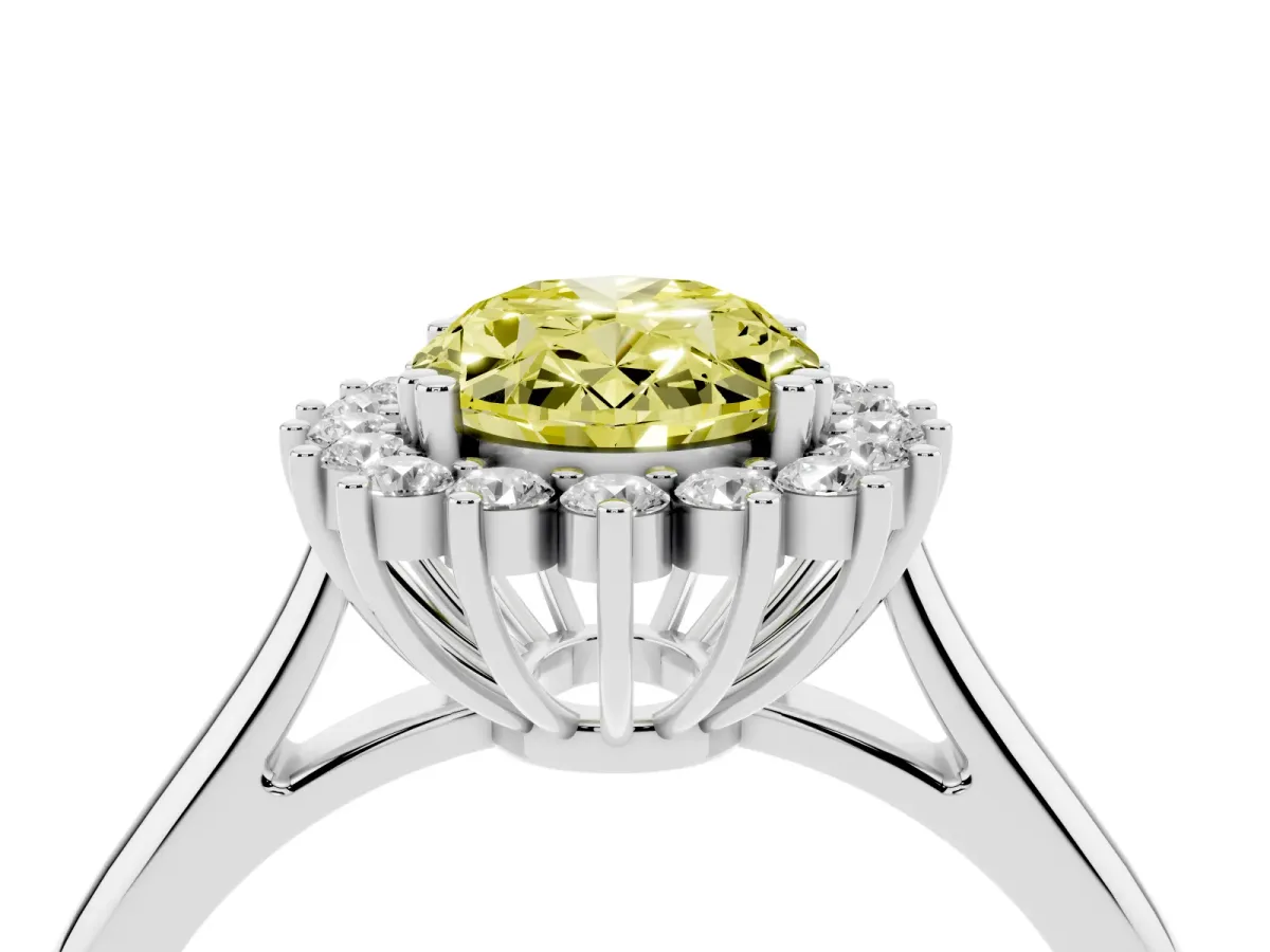 Fancy Yellow Oval Cut Cut Diamond Halo Ring with Solitaire Band and Prong Setting Platinum
