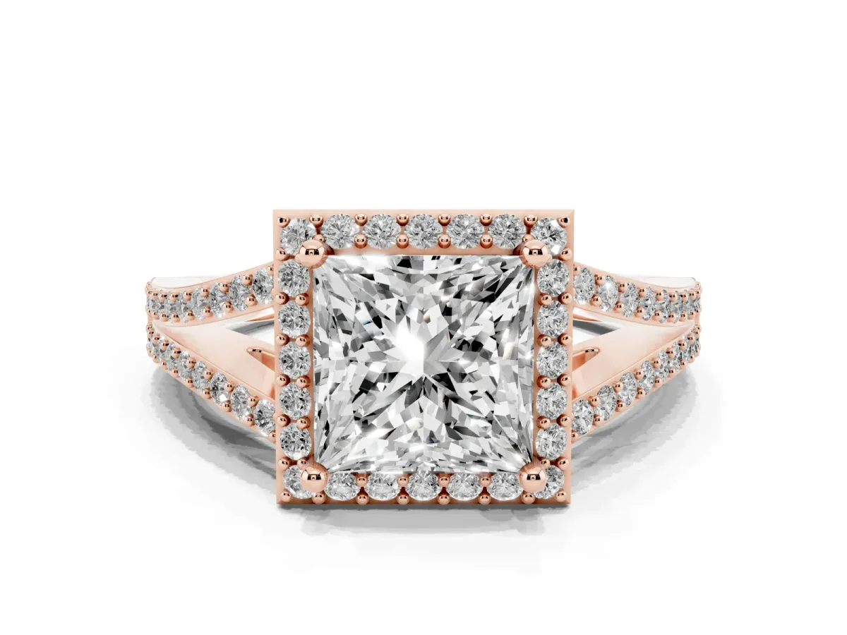 Princess Cut Halo Split Shank Pave Diamond Ring with Four-Prong Setting Rose gold