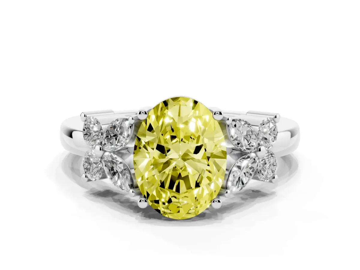 Fancy Yellow Oval Cut Diamond Floral Cluster Ring with Solitaire Band and Prong Setting White gold