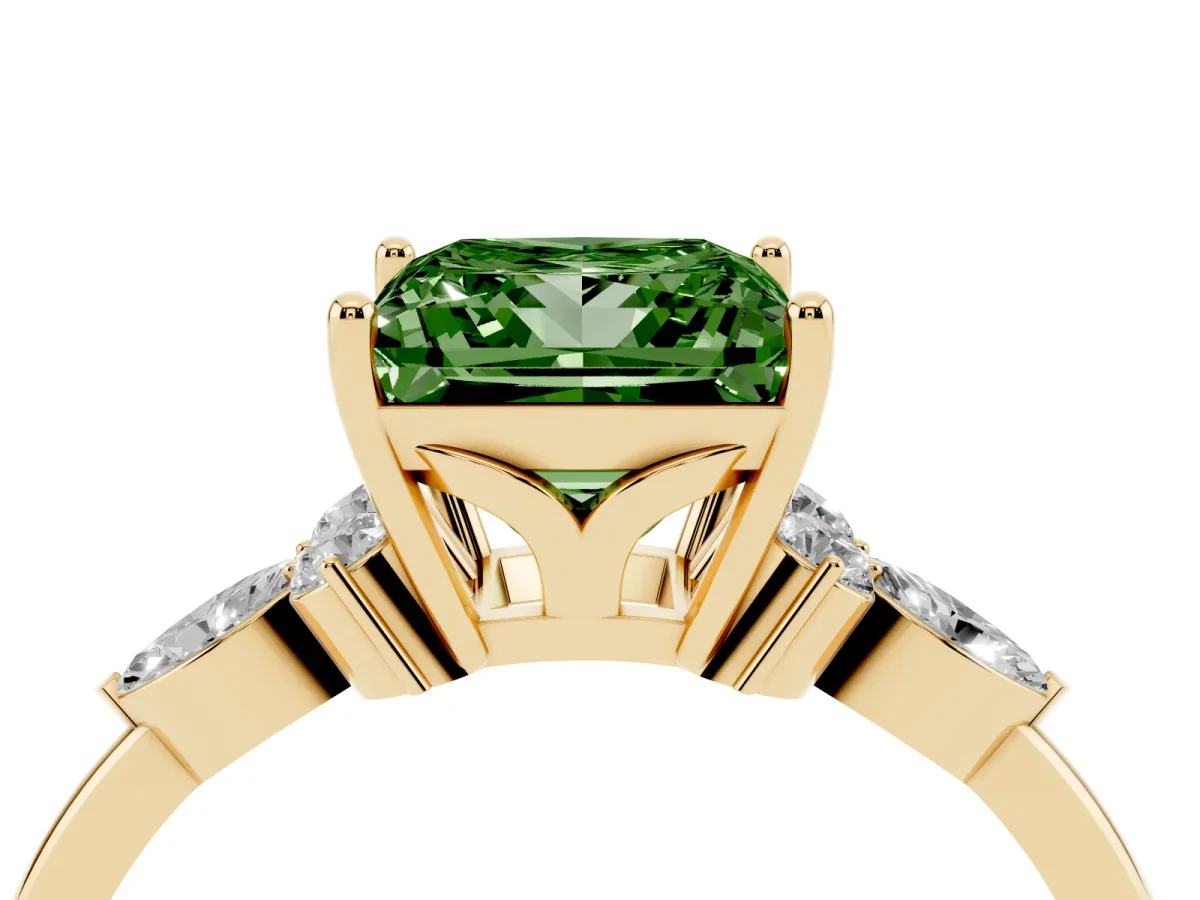 Fancy Green Princess Cut Brilliant Diamond Solitaire Ring with Pear Side Stones and Four-Prong Setting Yellow gold