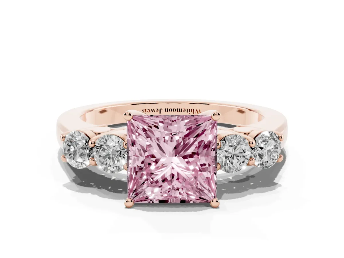 Fancy Pink Princess Cut Cut Diamond Five-Stone Prong Set White Gold Ring Rose gold