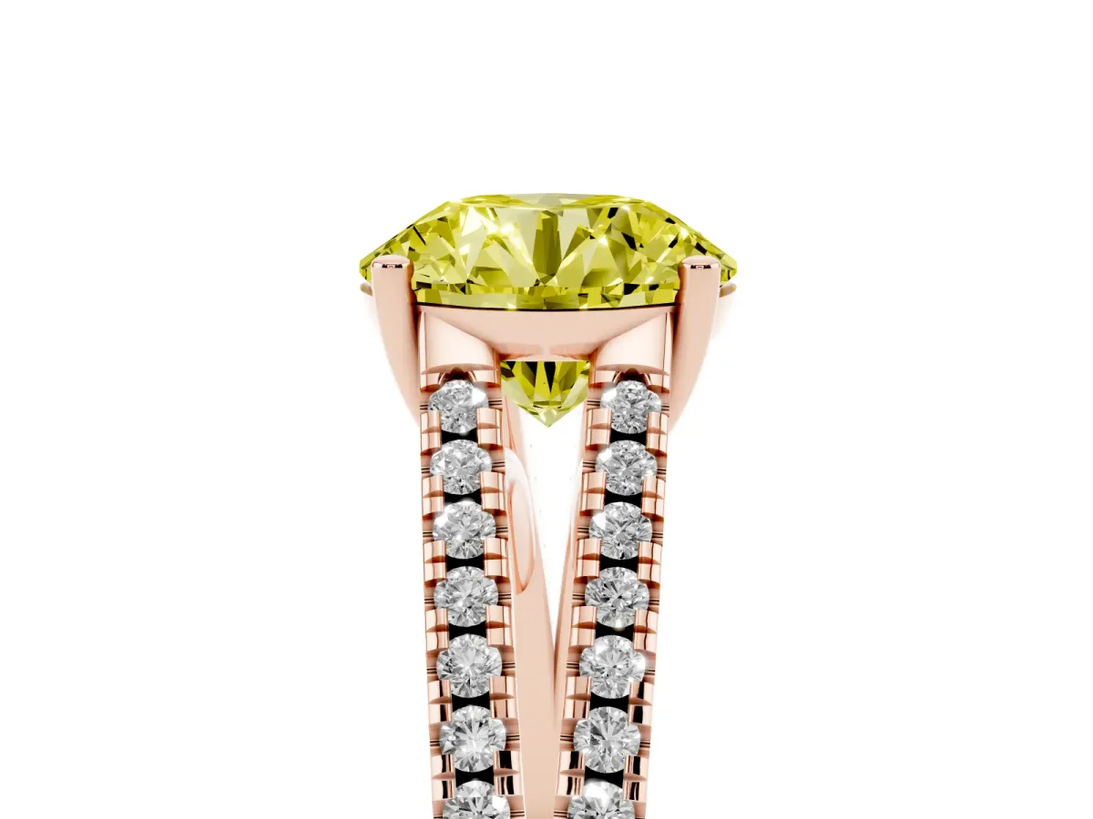Fancy Yellow Round Cut Diamond Solitaire Engagement Ring with Split Shank Pavé Band Rose gold