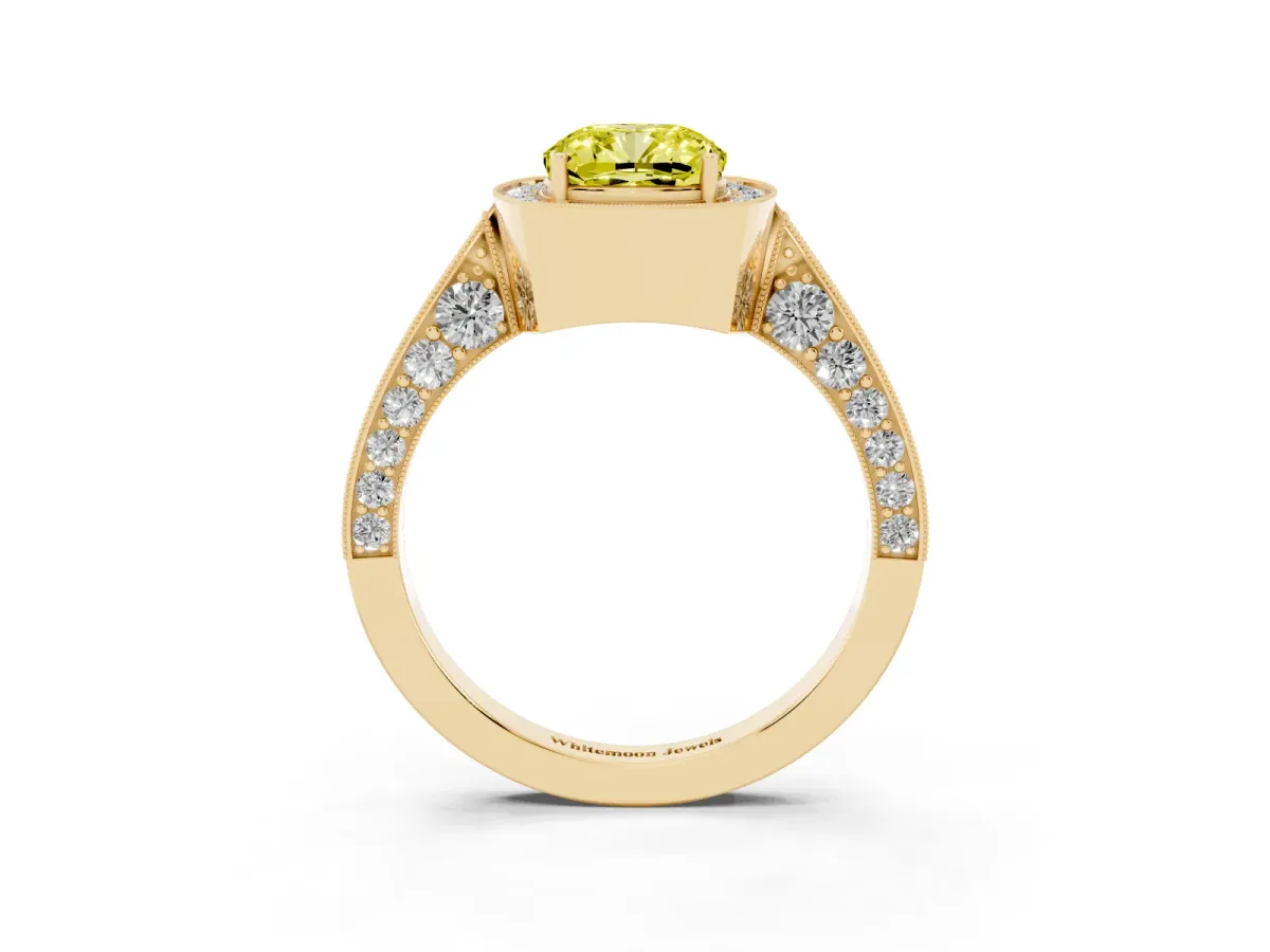 Fancy Yellow Cushion Cut Halo Diamond Engagement Ring with Split Shank Band and Four-Prong Setting Yellow gold