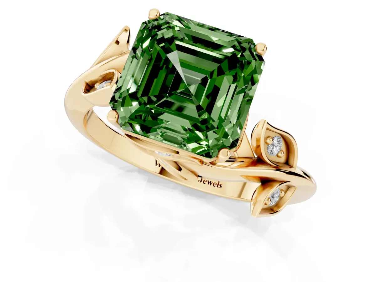 Fancy Green Asscher Cut Solitaire Twist Engagement Ring with Leaf Accents and Prong Setting Yellow gold