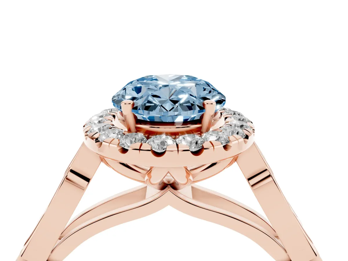 Fancy Blue Oval Cut Halo Diamond Engagement Ring with Filigree Band and Four-Prong Setting Rose gold