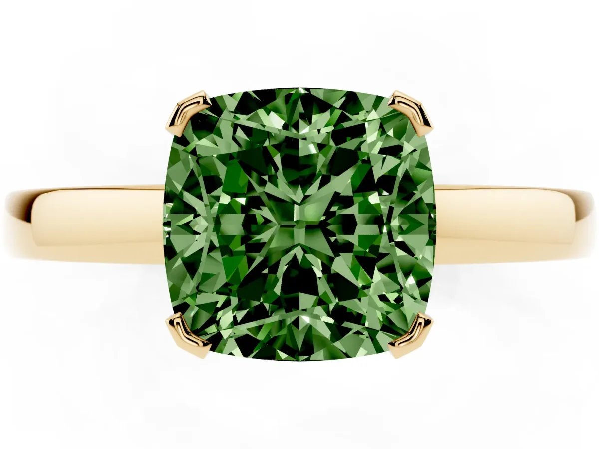 Fancy Green Cushion Cut Cut Solitaire Ring with Four-Prong Setting and Classic Band Yellow gold