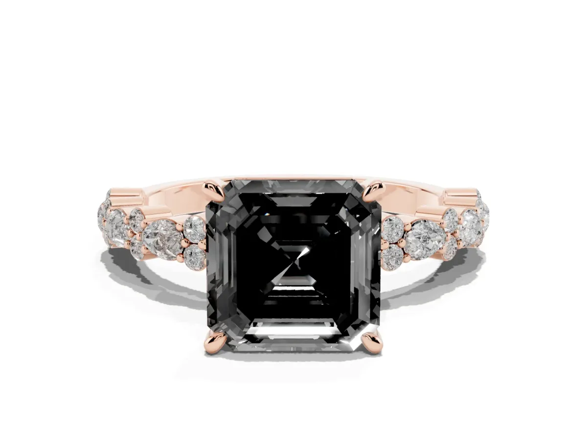 Fancy Black Asscher Cut Diamond Side Stone Solitaire Ring with Round and Four-Prong Setting Rose gold