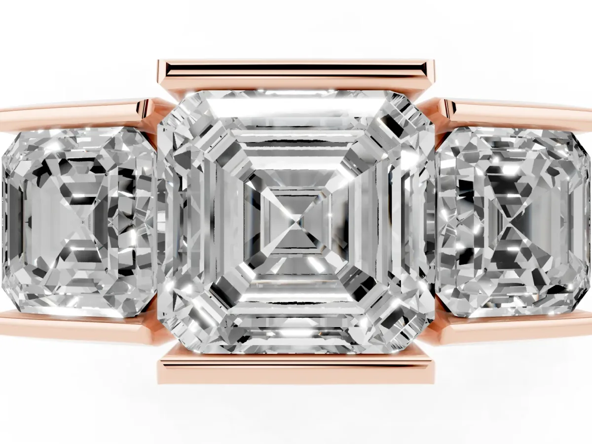 Three Stone Asscher Cut Cut Channel Set Diamond Ring Rose gold