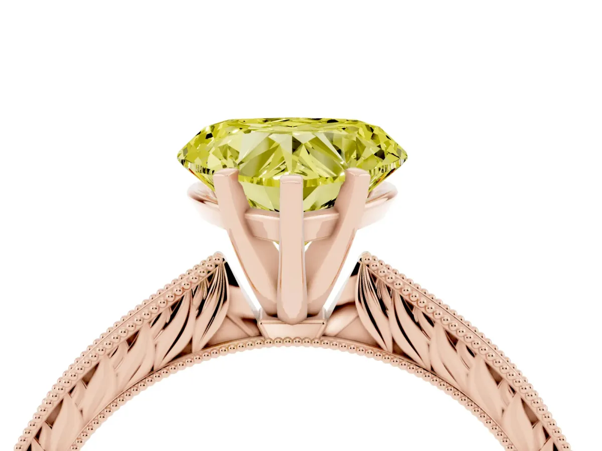 Fancy Yellow Heart Cut Solitaire Milgrain Engraved Band with Four-Prong Setting Rose gold