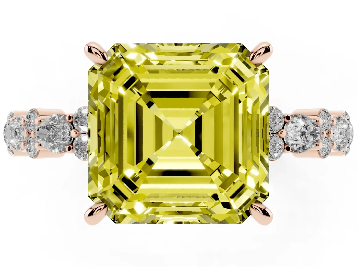 Fancy Yellow Asscher Cut Diamond Side Stone Solitaire Ring with Round and Four-Prong Setting Rose gold