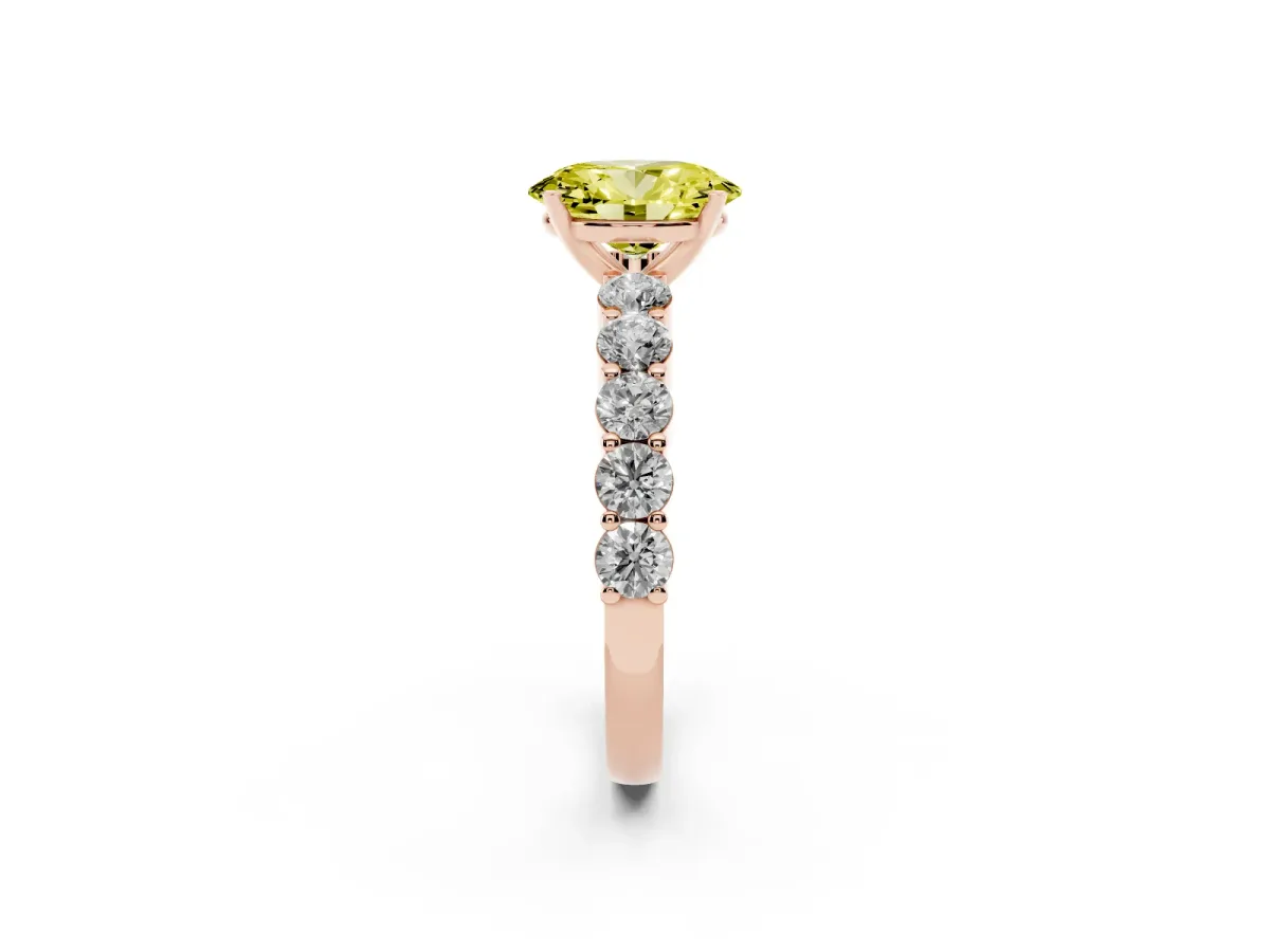 Fancy Yellow Oval Cut Diamond Solitaire Ring with Shared Prong Round Side Stones Rose gold