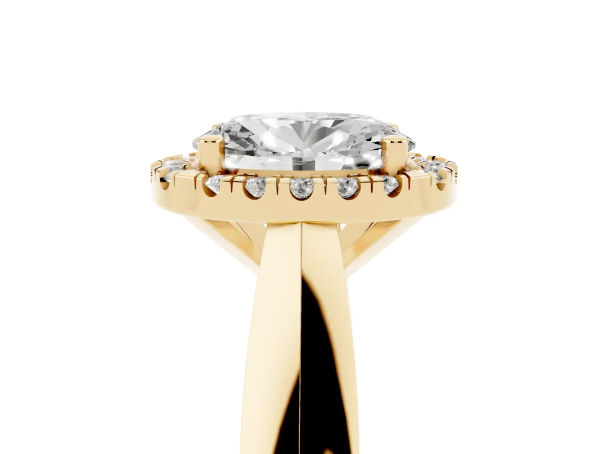 Oval Cut Cut Halo Solitaire Engagement Ring with Square Band and Four-Prong Setting Yellow gold