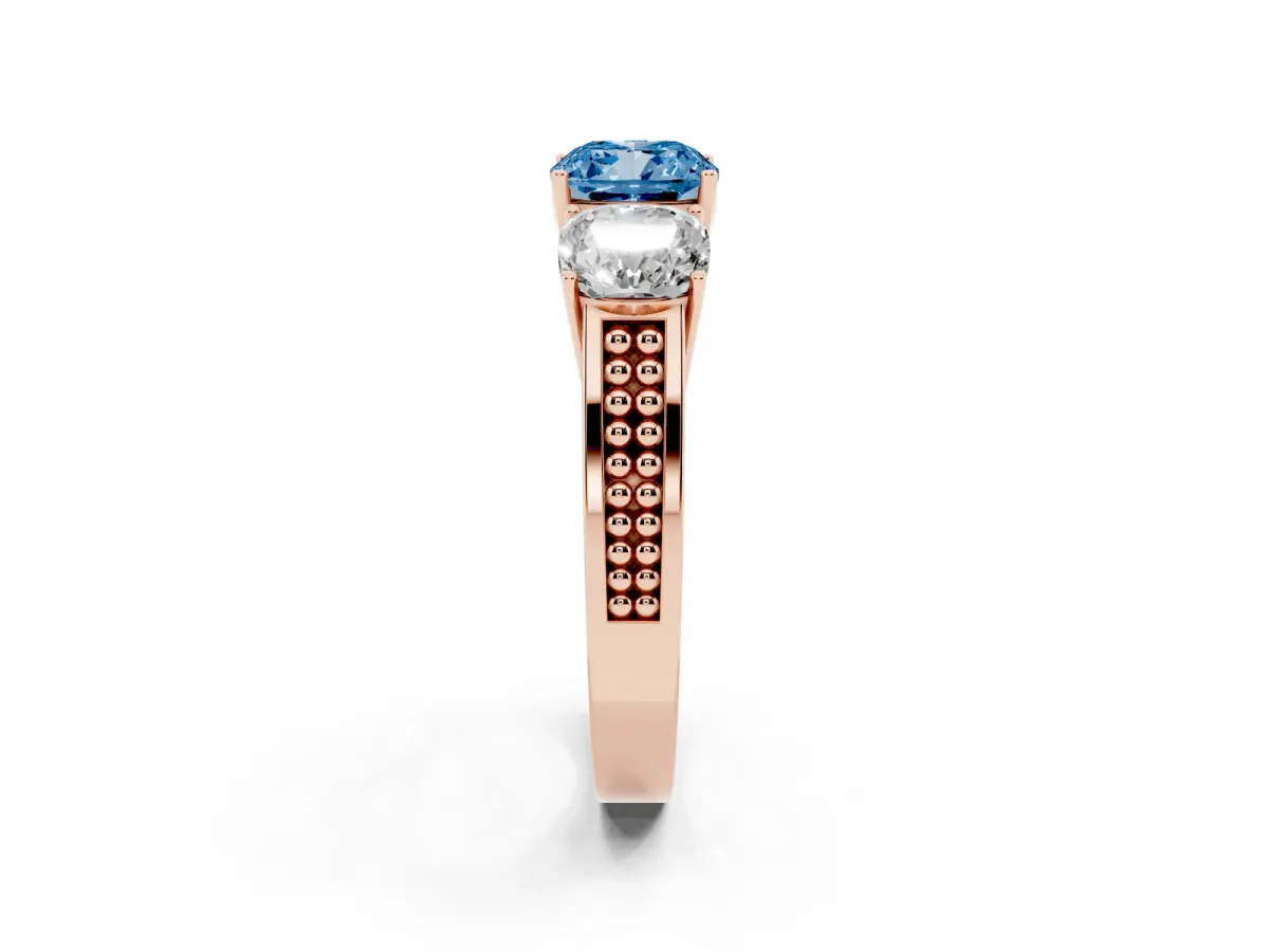 Fancy Blue Cushion Cut Diamond Three-Stone Ring with Prong Setting and Textured Band Rose gold