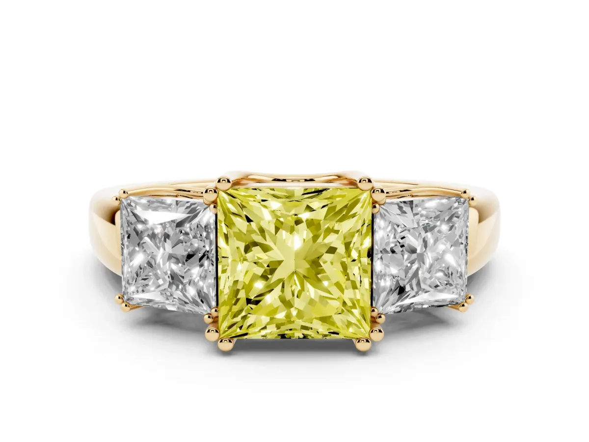 Fancy Yellow Three-Stone Princess Cut Cut Diamond Ring with Channel Set Band and Four-Prong Setting Yellow gold