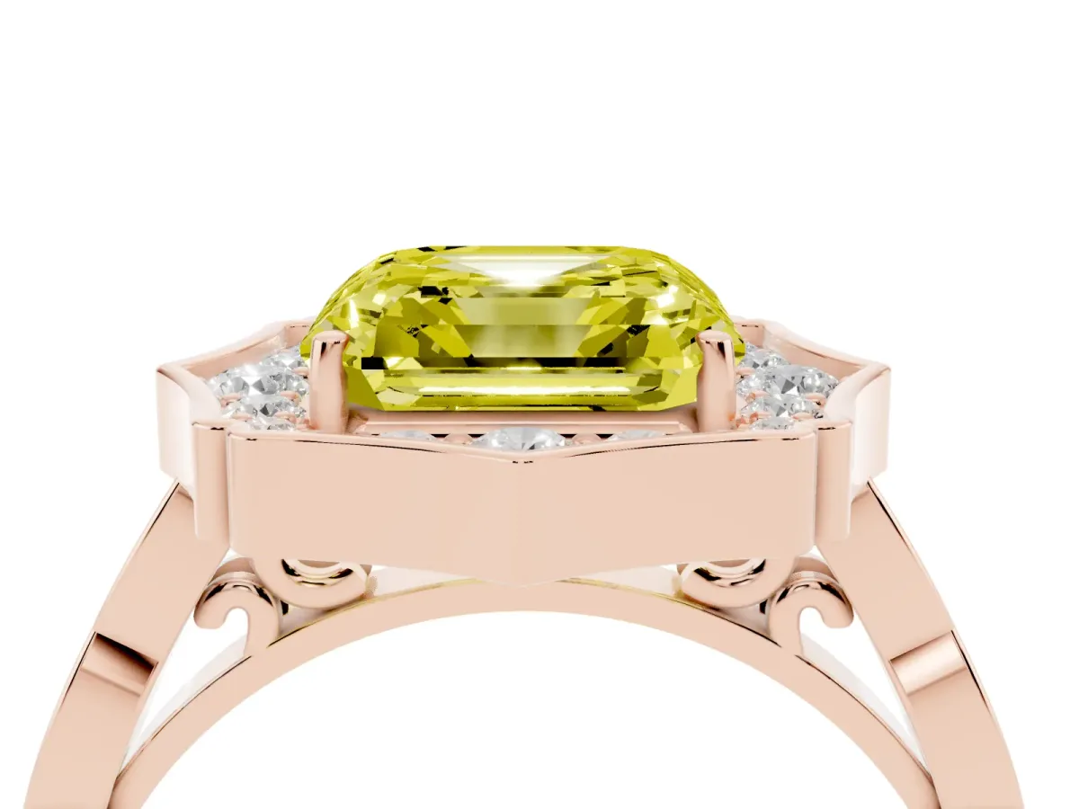 Fancy Yellow Asscher Cut Halo Diamond Engagement Ring with Milgrain Band and Four-Prong Setting Rose gold