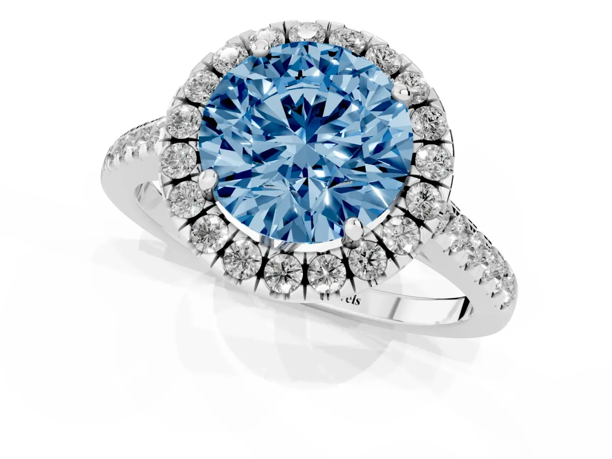 Fancy Blue Round Cut Halo Pavé Diamond Engagement Ring with Four-Prong Setting Silver