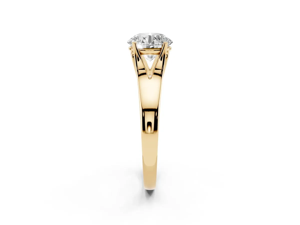 Round Cut Solitaire Diamond Ring with Cathedral Band and Four-Prong Setting Yellow gold