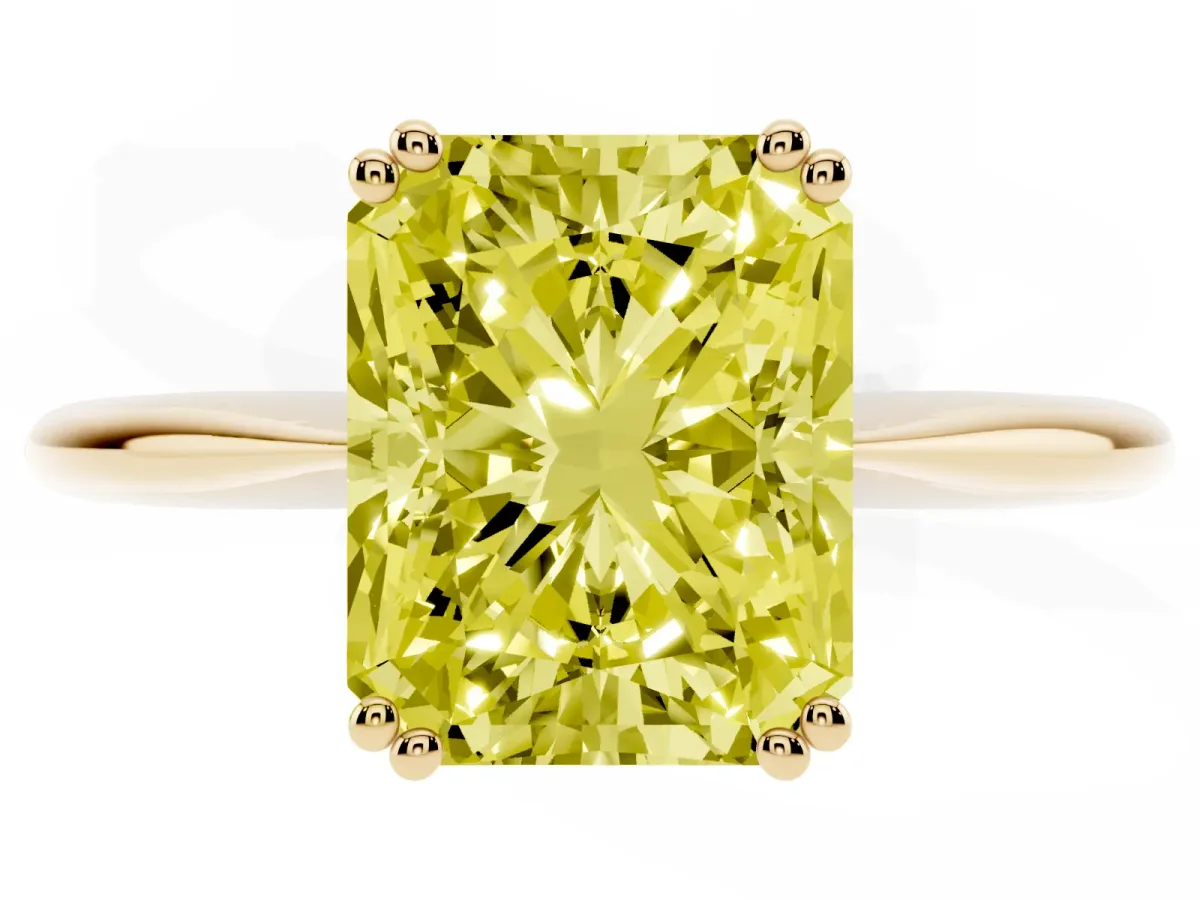 Fancy Yellow Radiant Cut Solitaire Diamond Ring with Six-Prong Setting and Classic Band Yellow gold