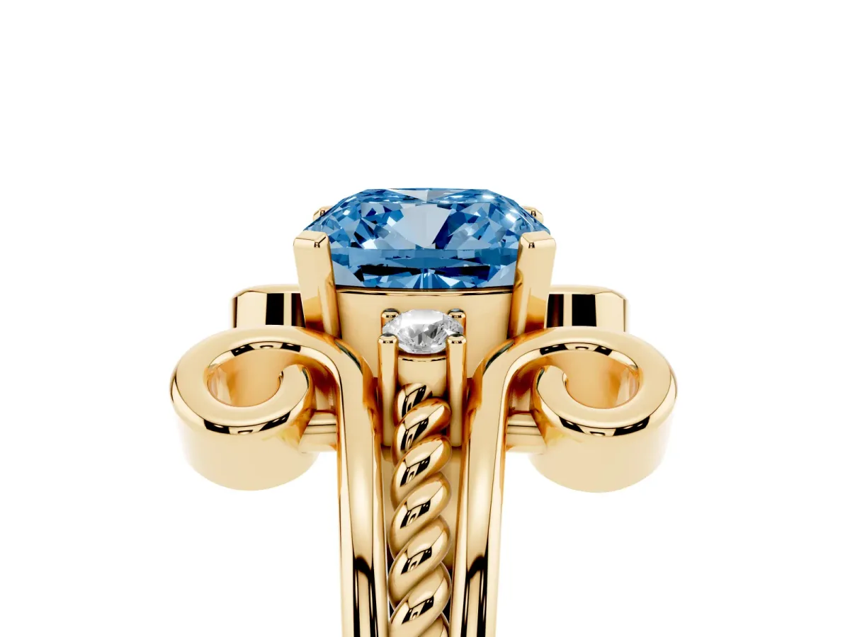 Fancy Blue Cushion Cut Solitaire Twisted Band Scroll Prong Ring Yellow gold