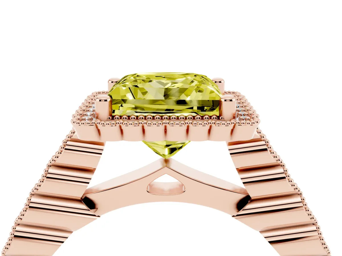 Fancy Yellow Princess Cut Cut Halo Pavé Solitaire Ring with Milgrain Band Rose gold