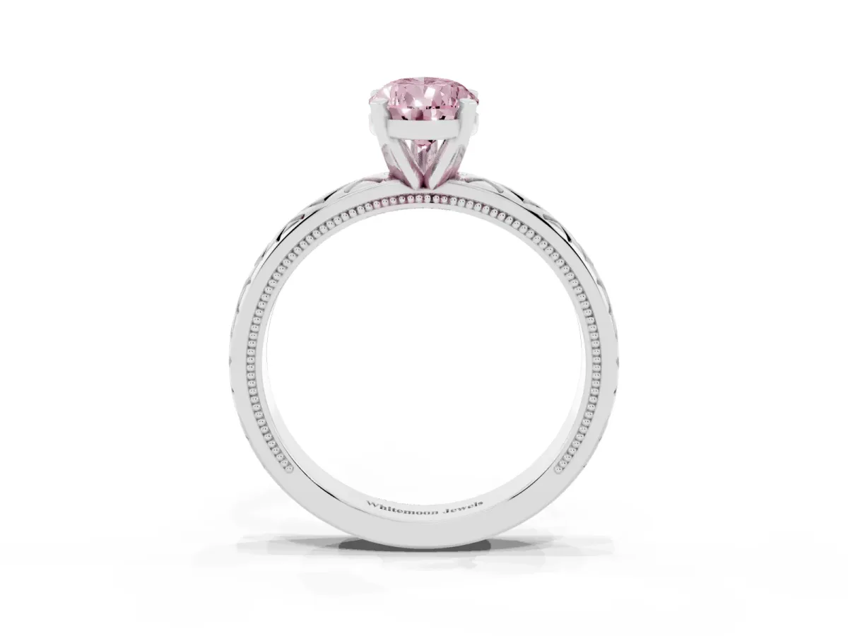 Fancy Pink Pear Cut Solitaire Diamond Ring with Milgrain and Black Enamel X Pattern Band Silver