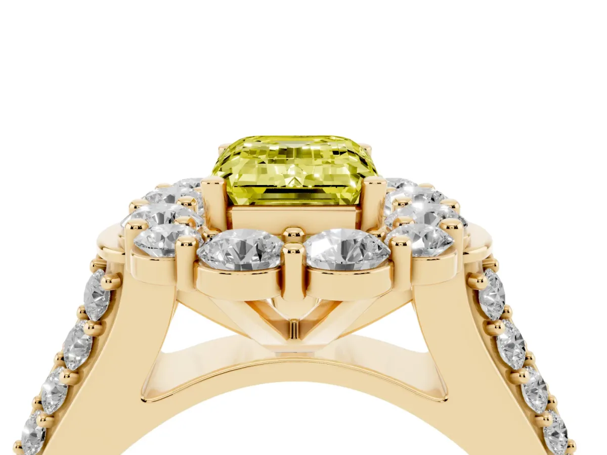 Fancy Yellow Emerald Cut Halo Diamond Engagement Ring with Split Shank and Prong Setting Yellow gold